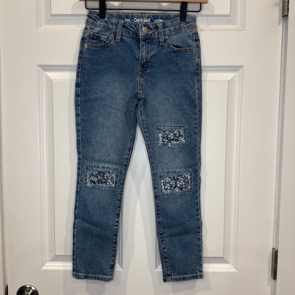 Cat Jack Girls Skinny‎ Jeans Super Stretch Blue Denim Patchwork Size 8